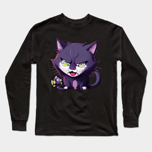 Angry cat with fish Long Sleeve T-Shirt